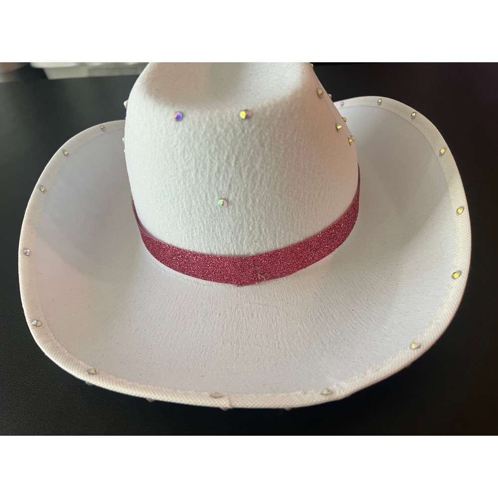 White Felt Cowboy Hat Pink Glitter Band Iridescent Rhinestone Studs Western - Picture 3 of 8